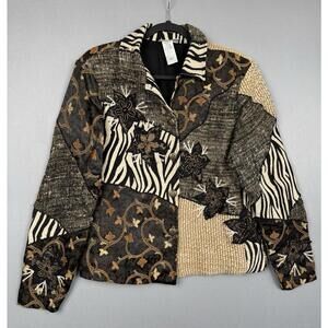 Coldwater Creek Silk Floral Button Jacket Womens Medium Brown Patchwork Boho